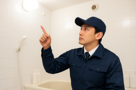 浴室で清掃箇所を確認するハウスクリーニング作業スタッフのイメージ