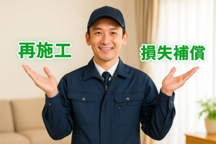 クリーニング後の再施工と損失補償を強調するハウスクリーニング作業スタッフのイメージ